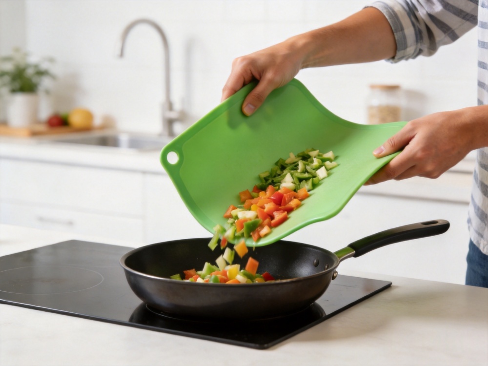 Flexible silicone cutting board bending for easy vegetable transfer into pan