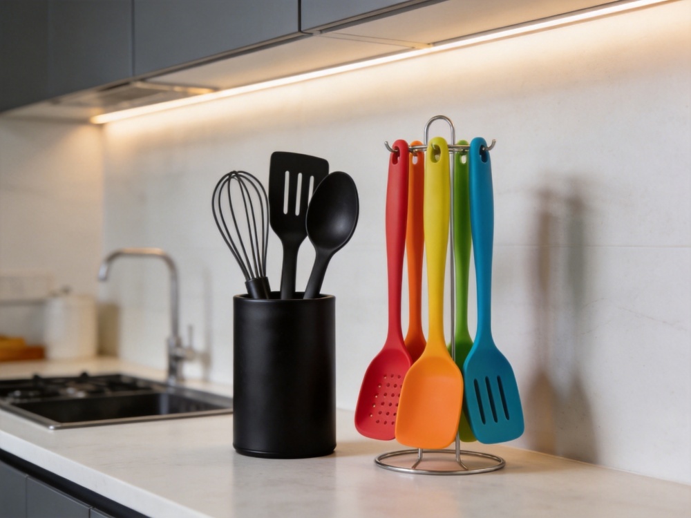 Black kitchen utensils and colorful kitchen utensil sets in modern kitchen design