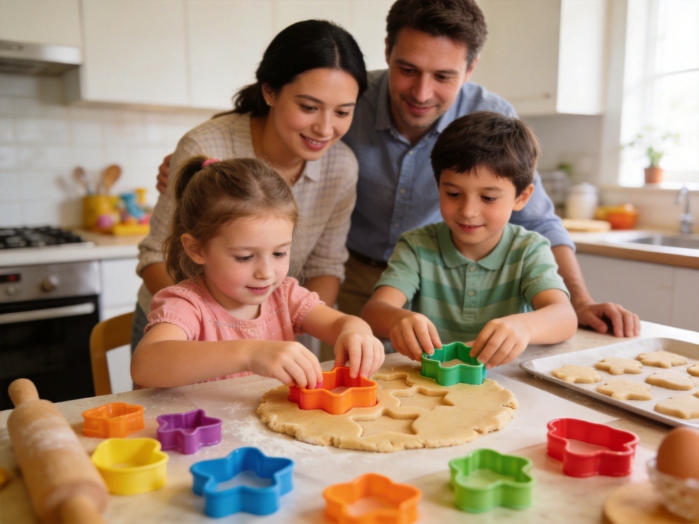 Children using colorful kitchen gadgets while cooking with parents in modern kitchen