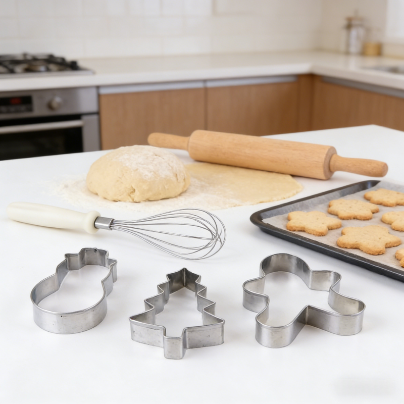 Stainless steel Christmas-themed cookie cutters (snowman, Christmas tree, gingerbread man), a whisk, rolling pin, dough ball, rolled cookie dough, and a baking tray with finished star-shaped cookies are arranged on a clean white kitchen counter, with a stove in the background.