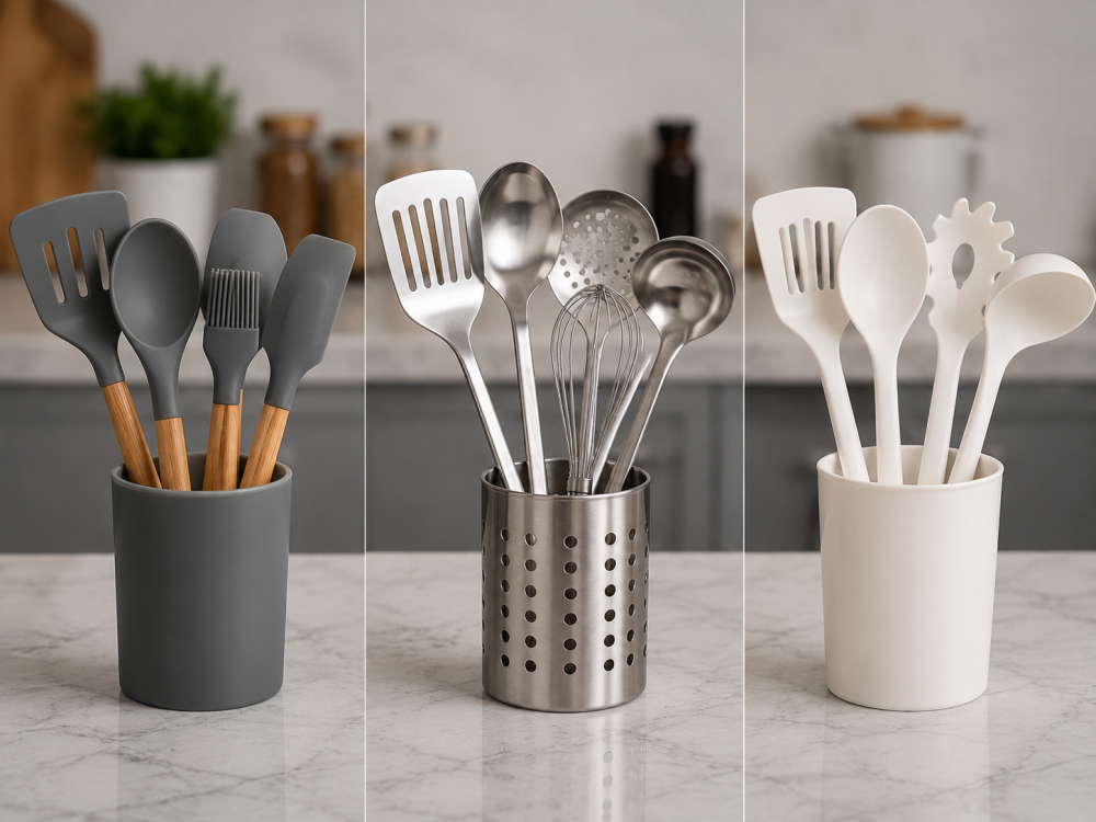 Silicone, stainless steel and plastic kitchen utensils comparison
