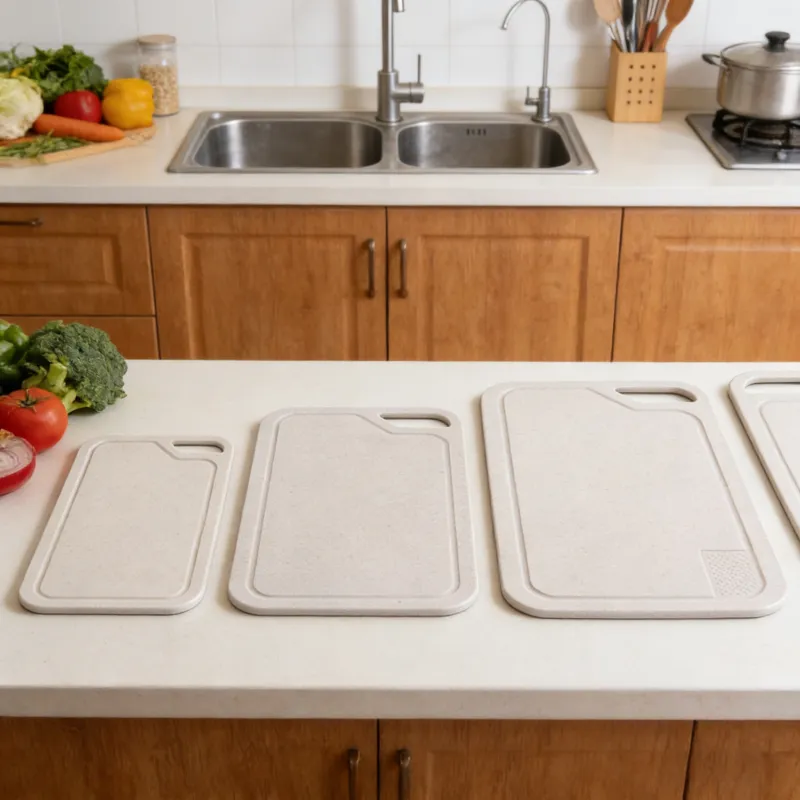 Three-piece set of wheat-straw kitchen cutting boards in small, medium, and large sizes, with juice grooves and hanging holes, displayed on a clean countertop alongside fresh vegetables in a bright, modern kitchen.
