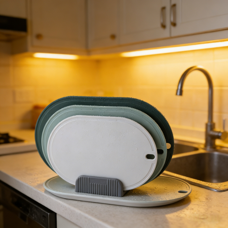Stackable oval kitchen cutting board set with storage rack, lifestyle shot on a countertop in a modern kitchen.