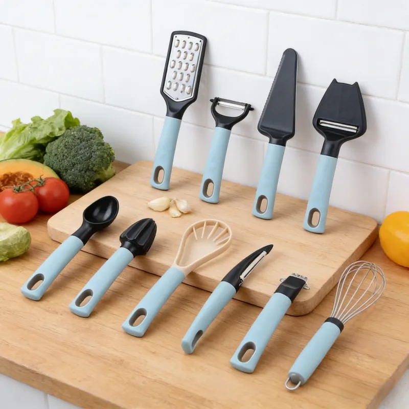Set of 12 light blue kitchen gadgets (grater, peeler, pizza cutter, cake server, spoon, citrus juicer, avocado slicer, whisk, etc.) neatly arranged on a wooden cutting board, with fresh vegetables and garlic in the background to highlight food preparation use.