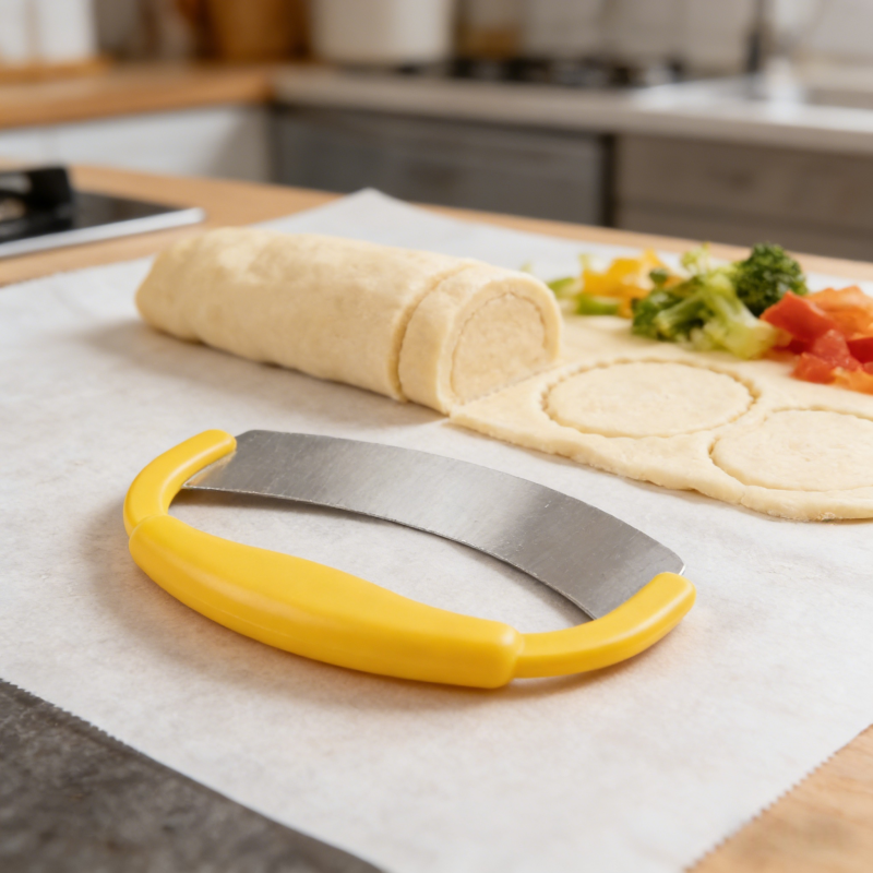 Kitlucy stainless steel dough cutter with yellow ergonomic handle, shown on a kitchen countertop with rolled dough and cut-out pastry circles, ideal for baking and food preparation.