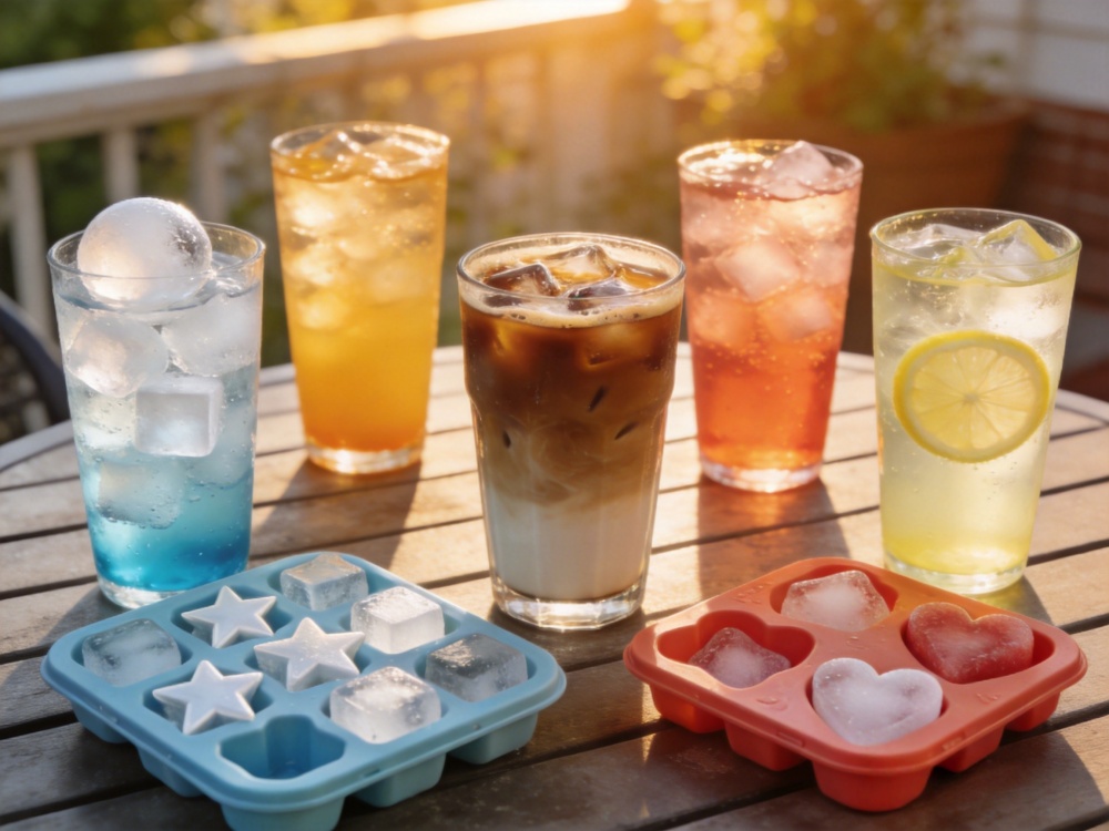 Various summer drinks with different ice cube tray styles and shapes