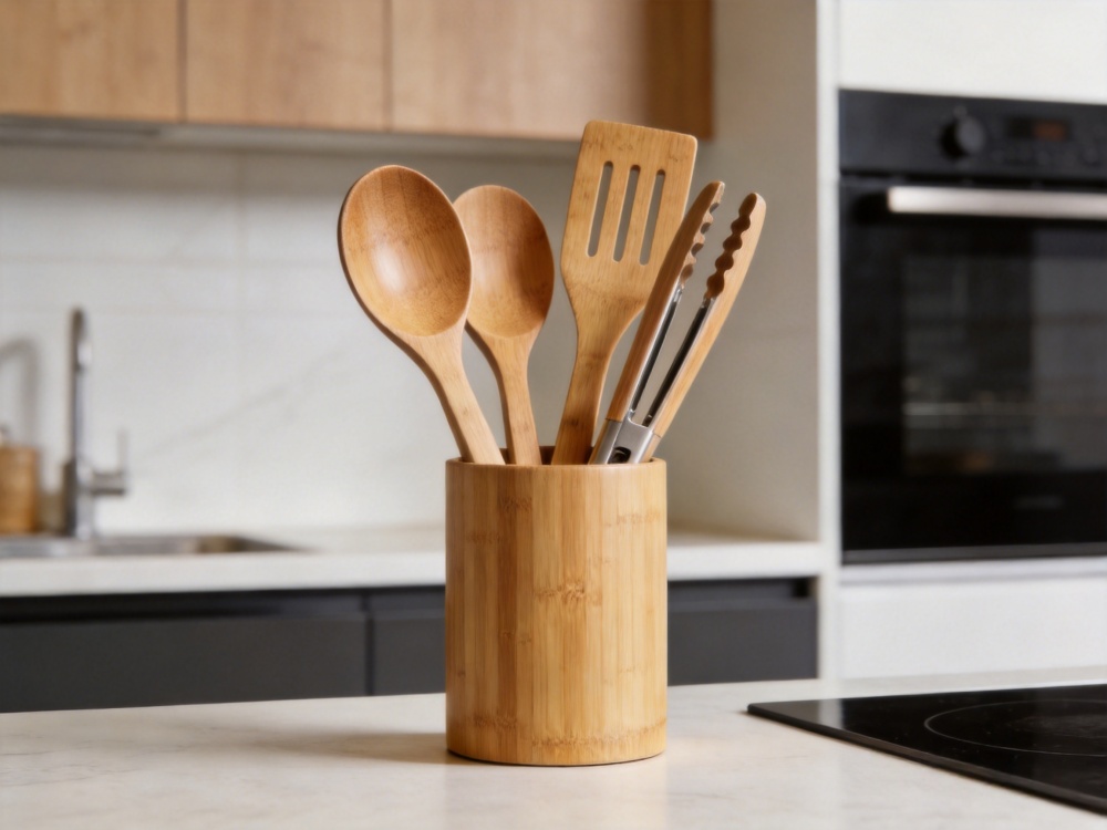 Natural bamboo kitchen cooking utensil set displayed in a modern kitchen