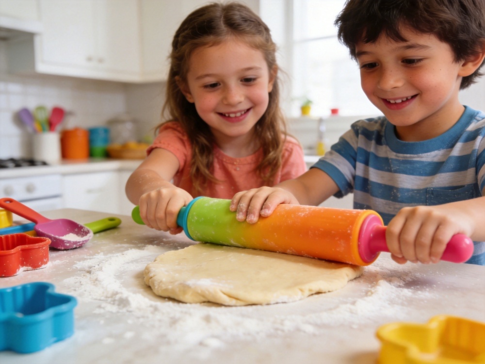 Children learning baking and cooking skills using colorful kitchen gadgets
