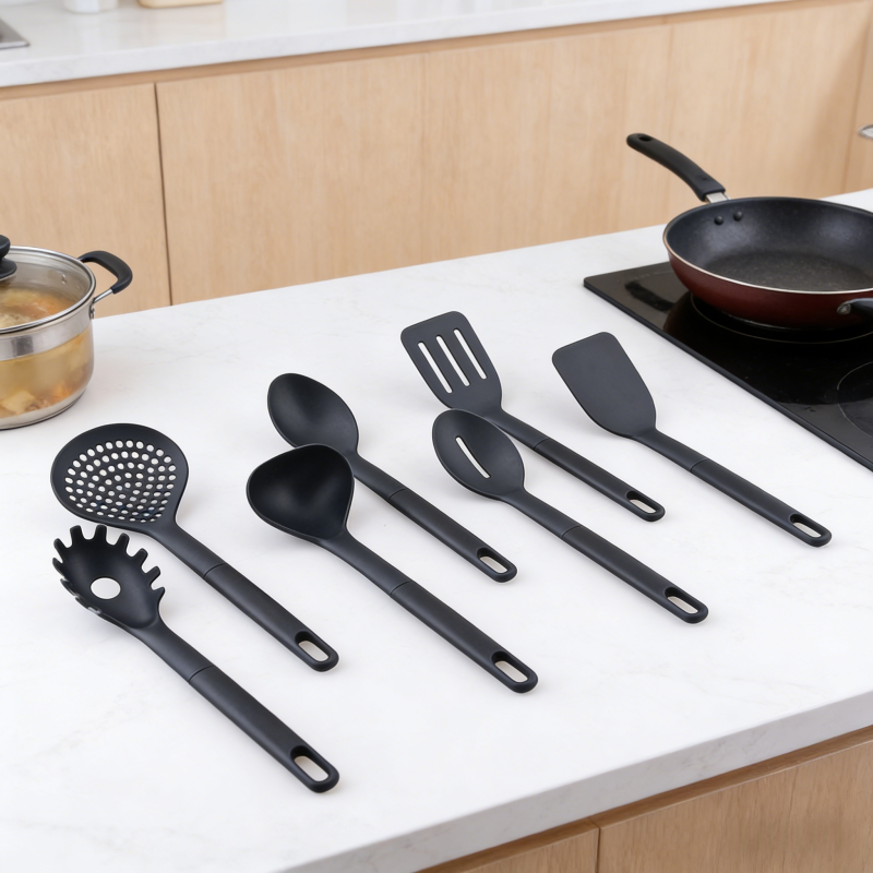 Set of 7 black kitchen utensils (pasta fork, slotted skimmer, soup ladle, solid spoon, slotted spoon, slotted turner, solid turner) neatly arranged on a white kitchen countertop, with cooking pots and pans in the background.