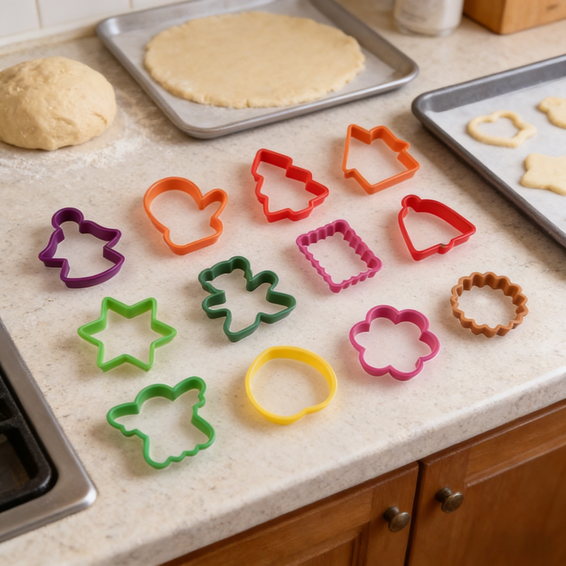 Kitlucy colorful Christmas-themed cookie cutter set, displayed on a kitchen countertop with dough and cut-out cookies, perfect for festive baking and crafting.