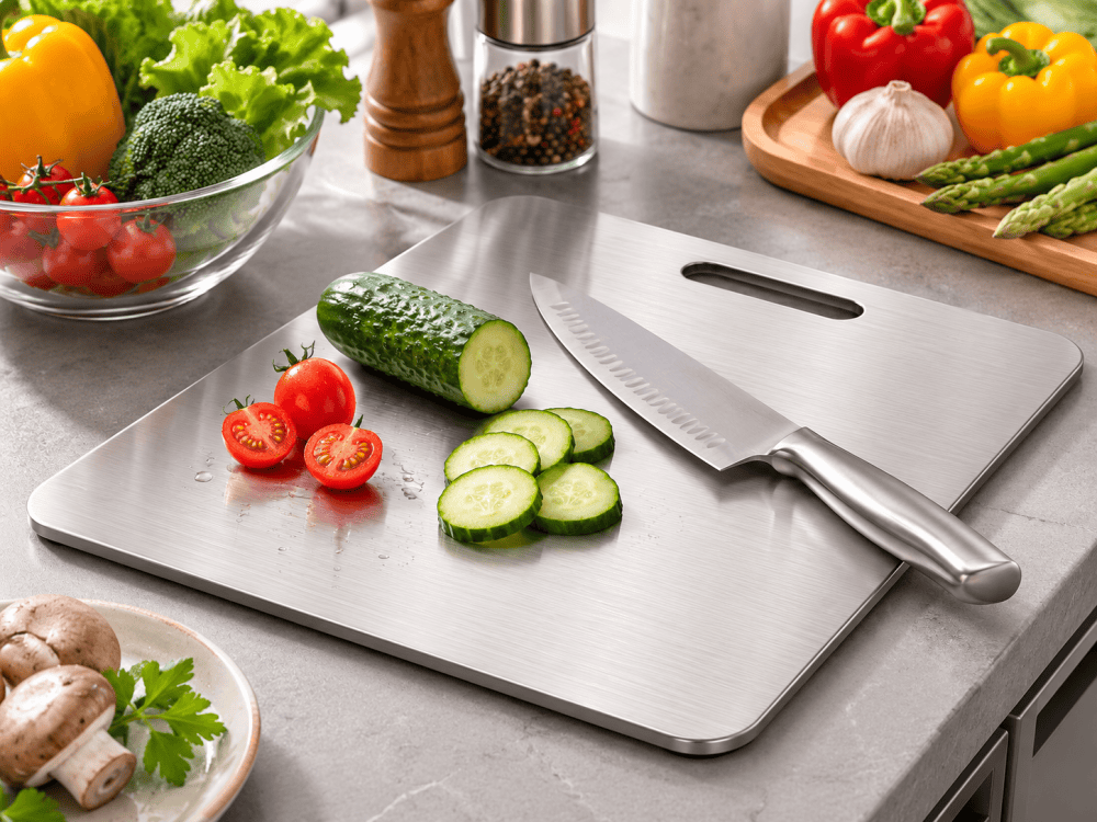 Metal cutting board on a modern kitchen countertop with stainless steel kitchen knife and fresh vegetables