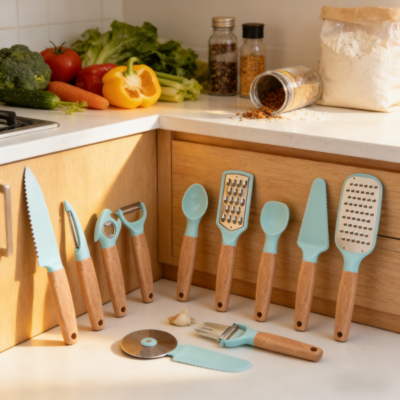 Set of 10 kitchen tools with light turquoise heads and natural wooden handles, displayed in a modern kitchen , showcasing their practical use in food preparation.