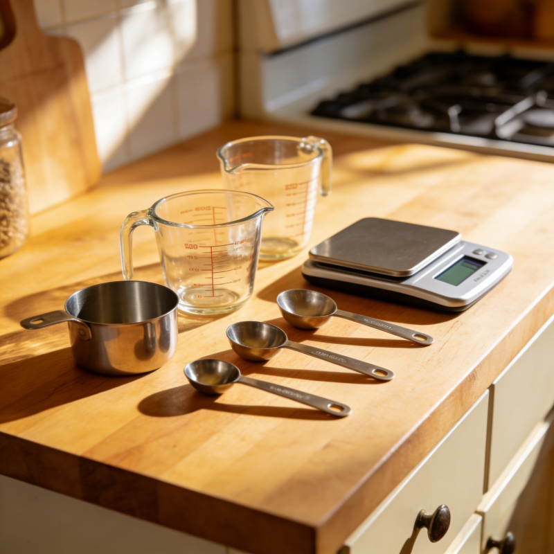 Measuring Tools: Achieve baking perfection with precise measuring cups, spoons and a digital kitchen scale.