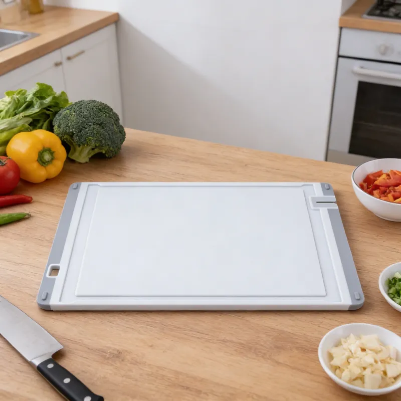 Large white kitchen cutting board with gray accents, placed on a light wooden countertop in a modern kitchen, surrounded by fresh vegetables, chopped ingredients, and a chef's knife, highlighting its practical use in food preparation.