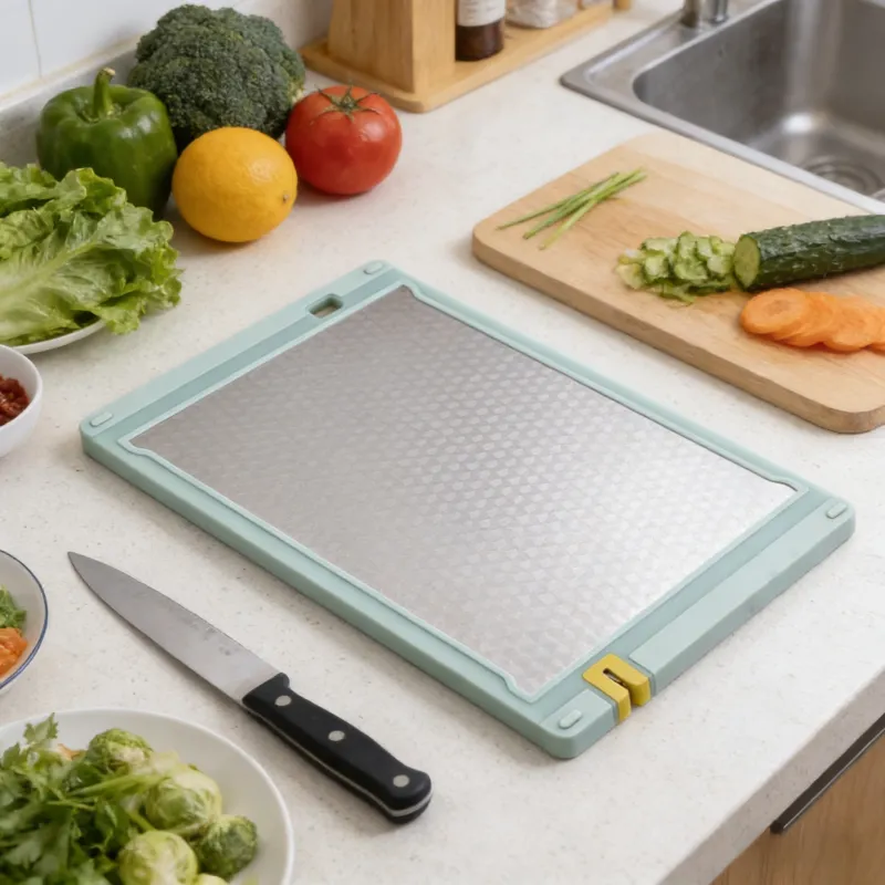 Dual-sided kitchen cutting board with a stainless steel diamond-textured surface and light green silicone border, placed on a countertop alongside fresh vegetables, a chef’s knife, and prepared ingredients in a modern kitchen.