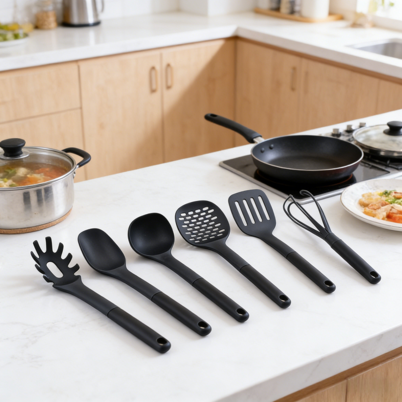 Set of 6 black kitchen utensils (pasta fork, solid spoon, soup ladle, slotted skimmer, slotted turner, whisk) neatly arranged on a white kitchen countertop, with cooking pots and a prepared dish in the background.