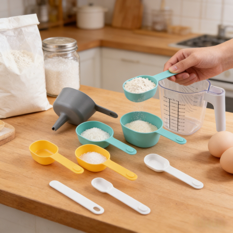 Colorful plastic measuring cups and spoons set, displayed on a wooden kitchen countertop with flour, sugar, and eggs, showing a hand pouring flour from a cup into a measuring jug, ideal for baking and cooking.
