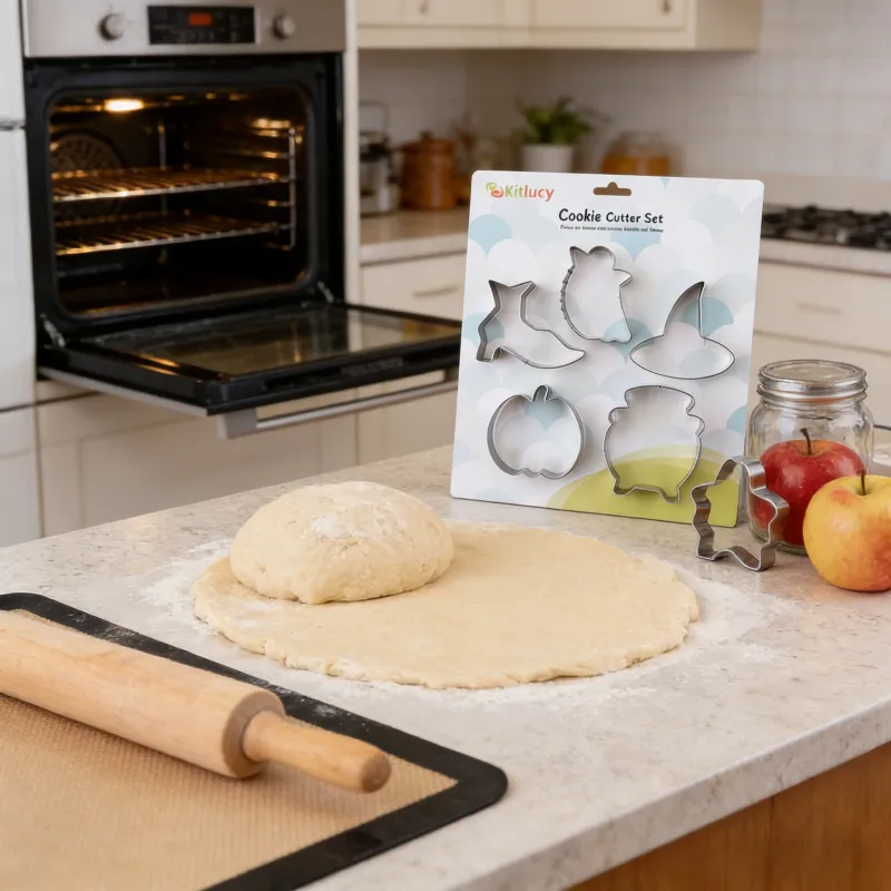 Kitlucy Halloween-themed cookie cutter set (witch boot, ghost, witch hat, pumpkin, cauldron shapes) displayed on a kitchen counter alongside rolled cookie dough, a dough ball, rolling pin, product packaging, apples, and an open oven in the background.