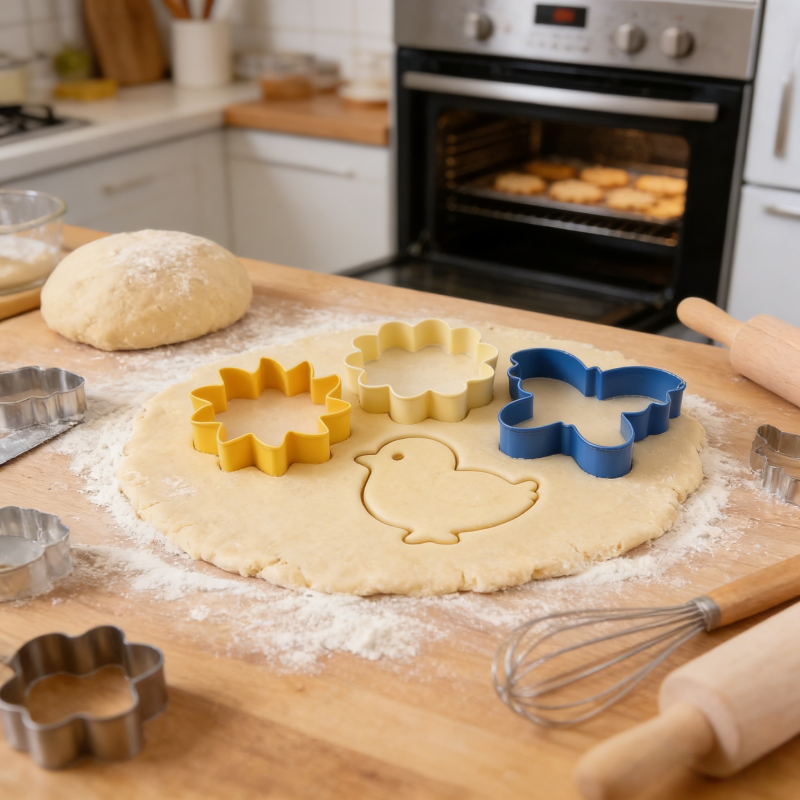 Colorful spring-themed cookie cutters (sunflower, flower, chick, butterfly shapes) pressing into rolled cookie dough on a floured wooden kitchen counter, with dough balls, rolling pins, a whisk, and an oven with baking cookies in the background.