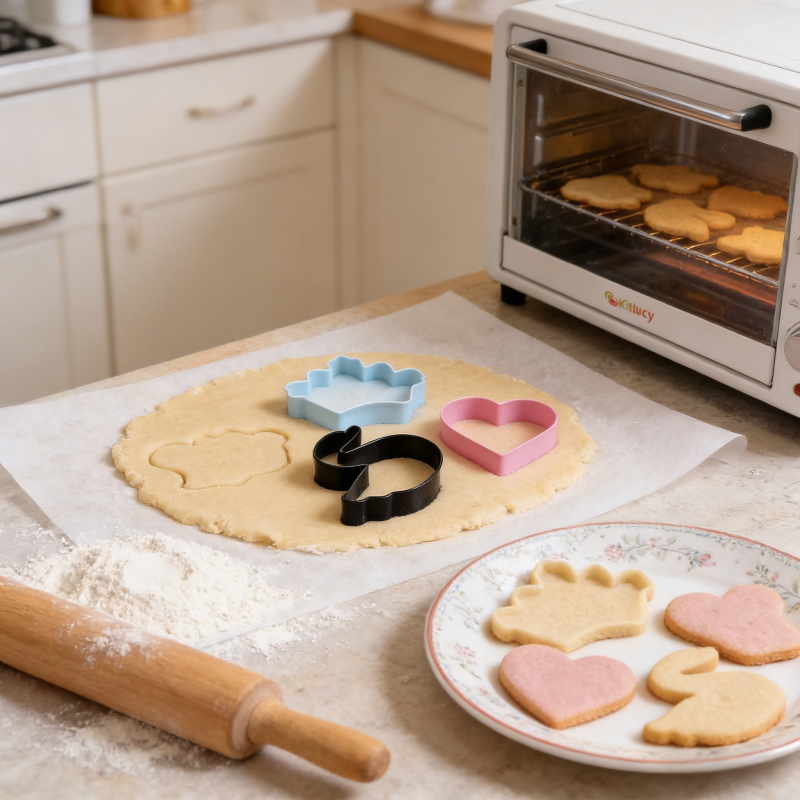 Kitlucy 3-piece cookie cutter set (crown, heart, swan shapes) in use on a kitchen countertop, with rolled cookie dough, freshly cut shapes, baked cookies on a plate, and a toaster oven in the background.