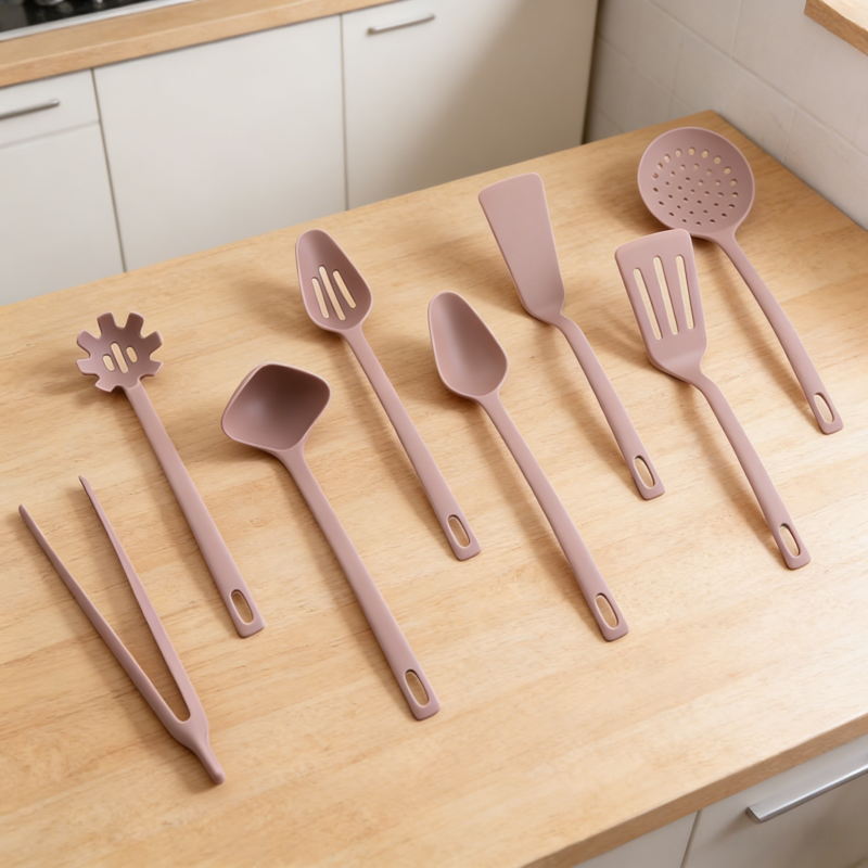Set of 8 blush pink kitchen utensils (tongs, pasta fork, soup ladle, slotted spoon, solid spoon, spatula, slotted turner, skimmer) neatly arranged on a light wooden kitchen countertop in a bright modern kitchen.