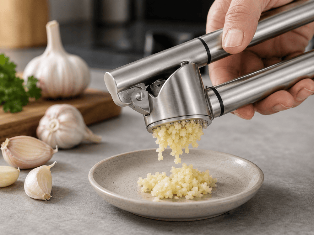 garlic press crushing fresh garlic cloves