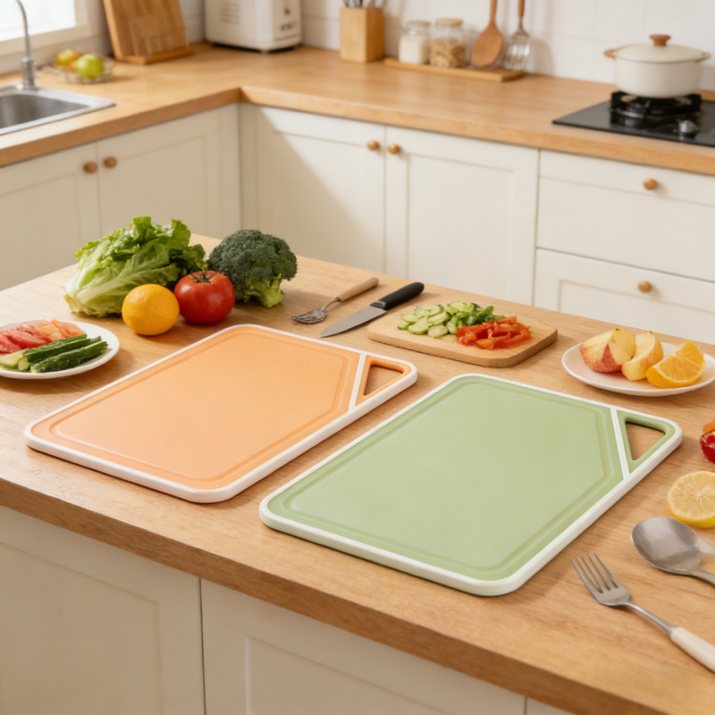 Two dual-colored (orange and green) plastic cutting boards with juice grooves and handle holes are displayed on a light wooden kitchen countertop, surrounded by fresh vegetables, fruits, and kitchen utensils.