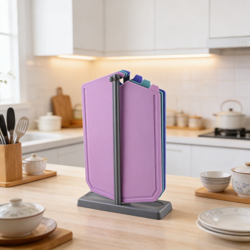 Kitlucy 3-piece color-coded cutting board set with gray storage rack, displayed on a modern kitchen countertop, ideal for organized food preparation.