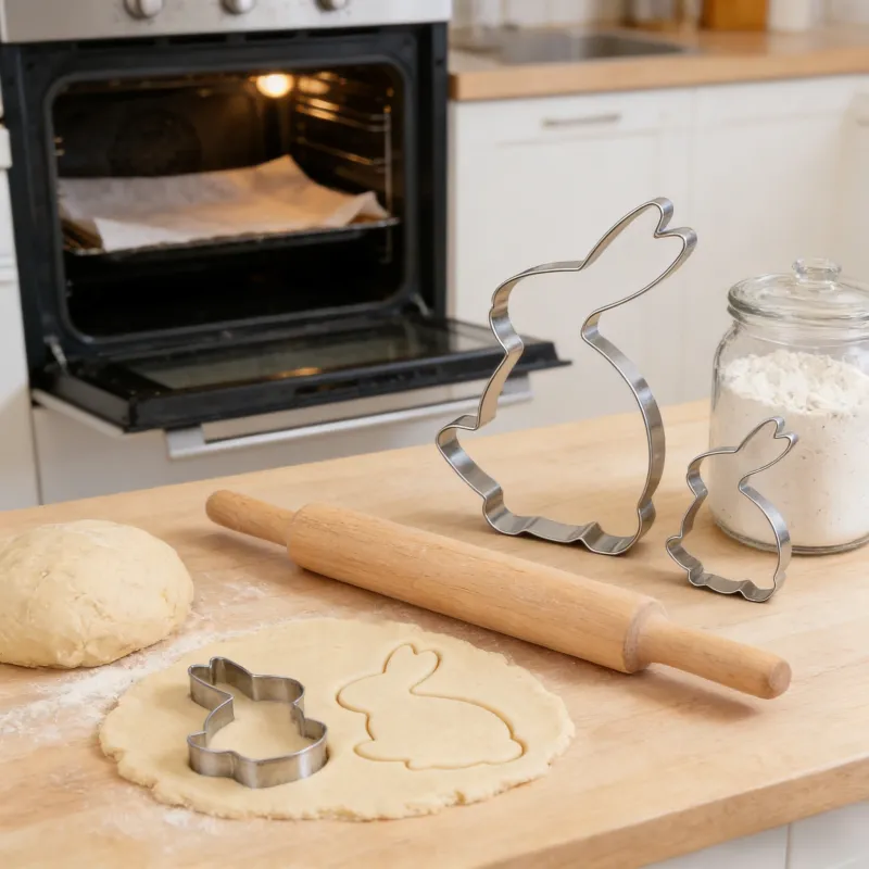 Two sizes of stainless steel bunny-shaped cookie cutters (large and small) are displayed on a wooden kitchen counter, with one small cutter pressing into rolled cookie dough to form bunny outlines, alongside a dough ball, rolling pin, flour jar, and an open oven in the background.