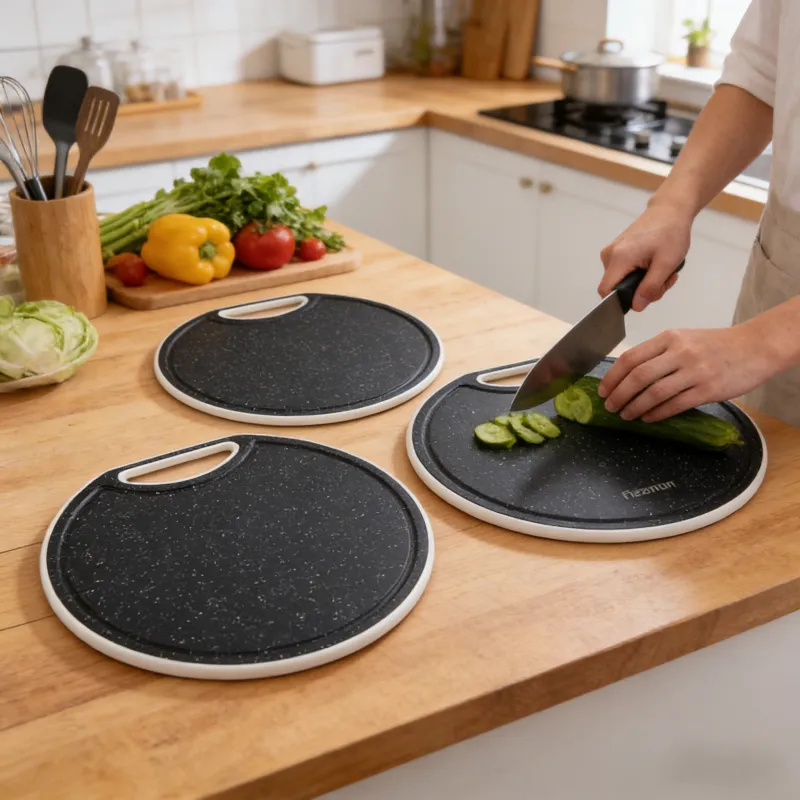 Three-piece round kitchen cutting board set with black speckled surface and white border, featuring hanging handles. One board is in use for slicing cucumber, displayed on a wooden countertop with fresh vegetables in a bright kitchen.