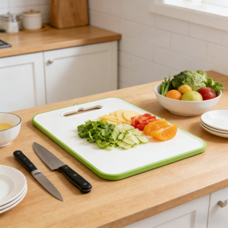 White cutting board with green edge, holding sliced vegetables and fruits, placed on a wooden kitchen countertop with knives, bowls, and fresh produce in a bright kitchen setting.