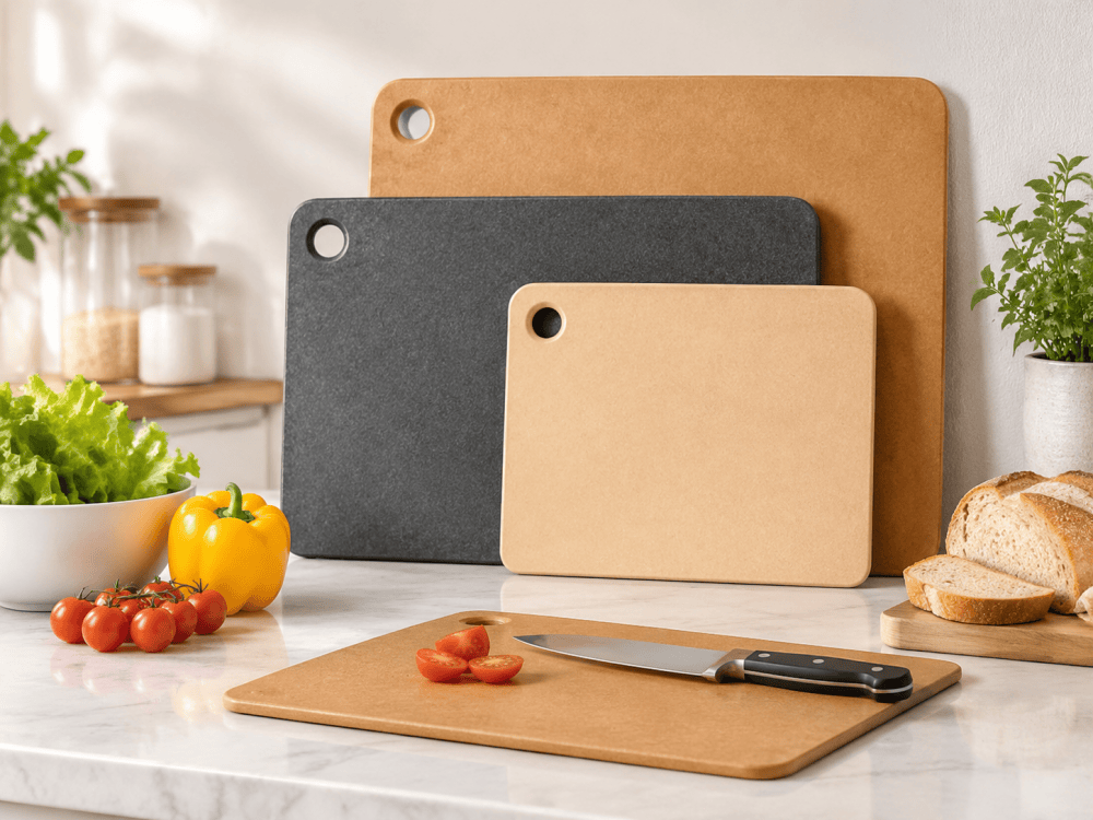 Wood fiber cutting boards in different sizes and colors on a kitchen countertop