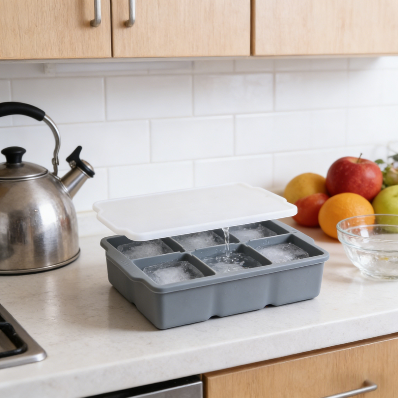 Kitlucy 6-Grid Silicone Ice Cube Tray with white lid on a modern kitchen countertop