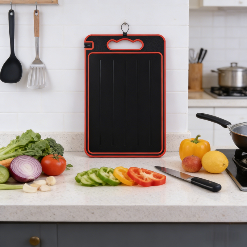 Black kitchen cutting board with bold red trim and juice grooves, hung on a wall hook in a modern kitchen, showcasing its convenient storage and practical design for food preparation.