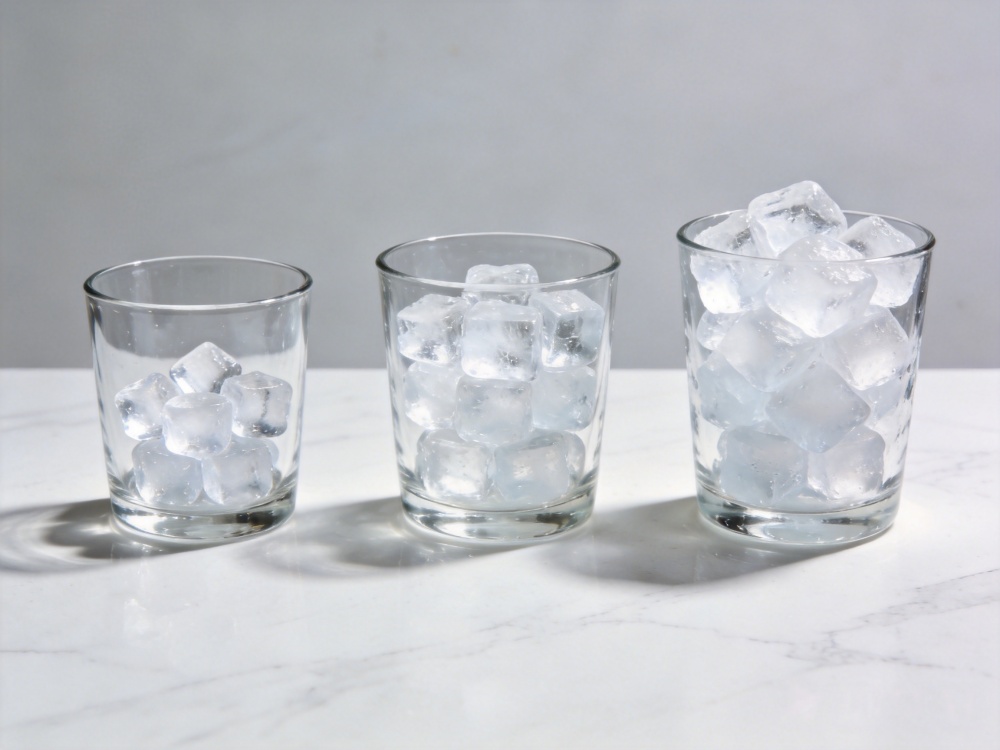 Comparison of small, standard, and large ice cube sizes