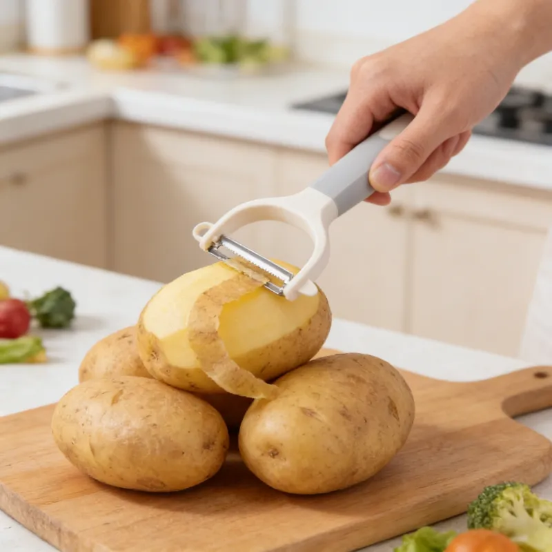 Two-in-one kitchen peeler with white and gray ergonomic handle, shown peeling a potato on a wooden cutting board in a modern kitchen, demonstrating its dual blades for efficient food preparation.