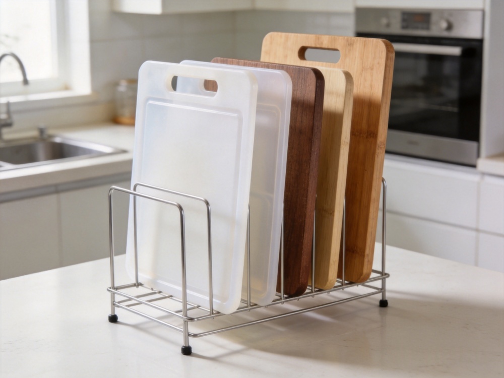 Plastic and wooden cutting boards drying vertically in modern kitchen