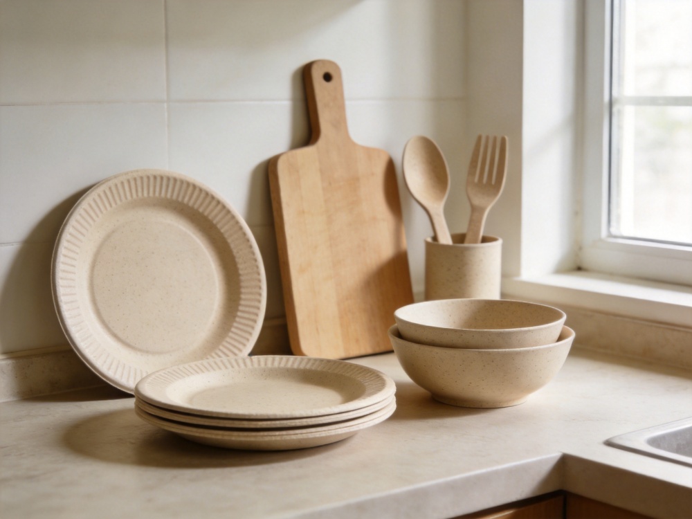 Wheat straw eco friendly kitchen products including plates bowls cutting boards and utensils