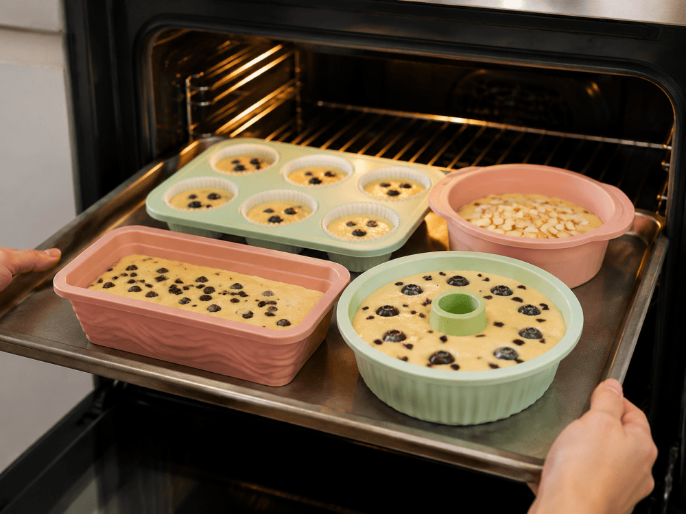 Silicone bakeware placed on a metal baking tray before entering the oven