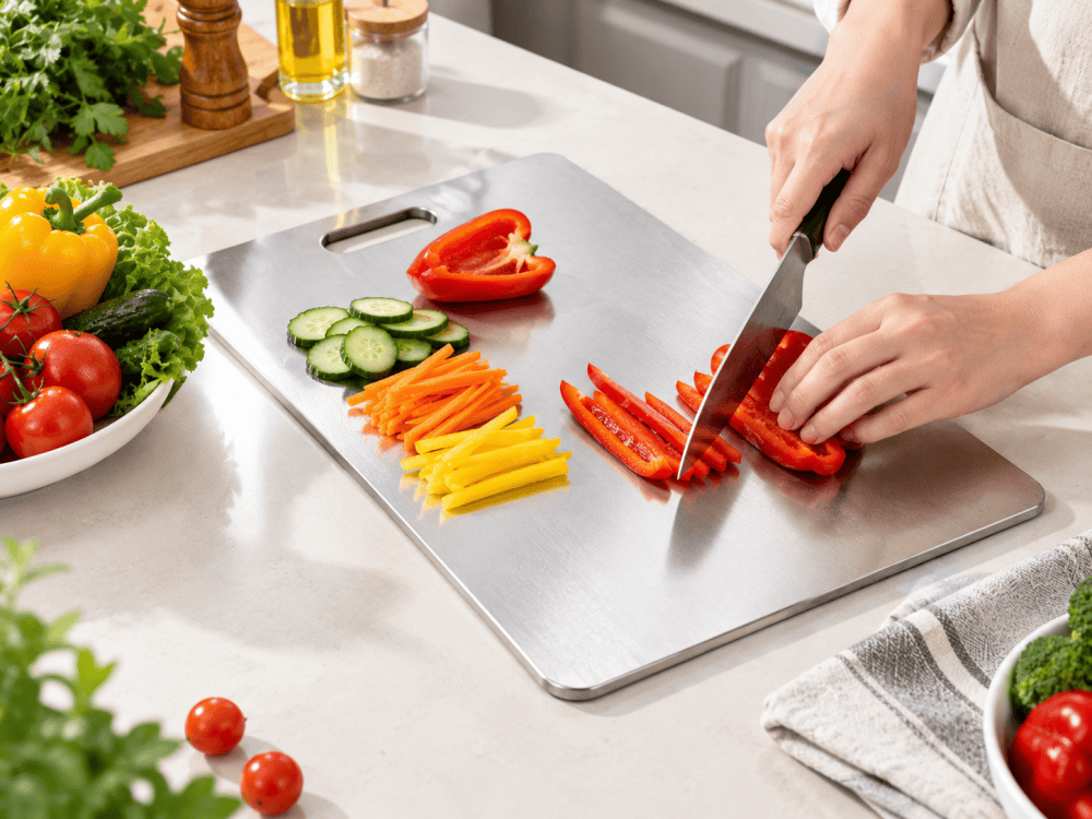 Aluminum cutting board for food preparation with fresh vegetables