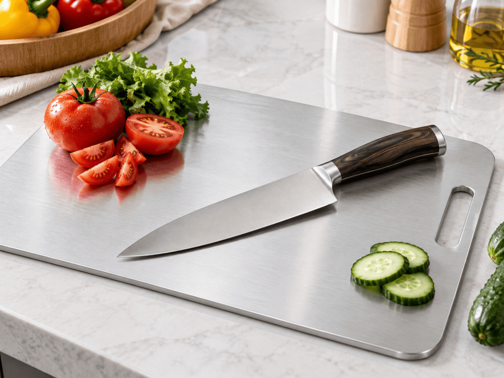 Chef knife on an aluminum cutting board surface