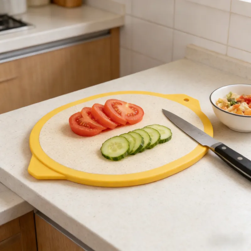 Lemon-shaped kitchen cutting board with a bright yellow border and wheat-straw surface, featuring hanging holes, displayed on a countertop with sliced tomatoes, cucumbers, a kitchen knife, and a bowl of prepared salad in a bright modern kitchen.
