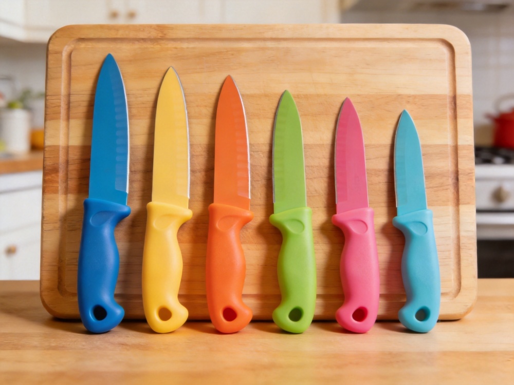Child-safe kitchen knife set for kids with colorful ergonomic handles