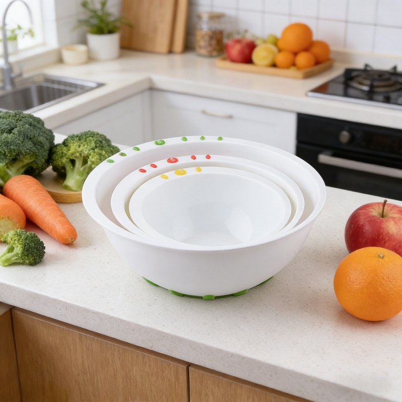 Kitlucy 3-piece nesting mixing bowl set with colorful measurement dots and non-slip base, displayed on a modern kitchen countertop surrounded by fresh vegetables and fruits, ideal for food preparation and cooking.