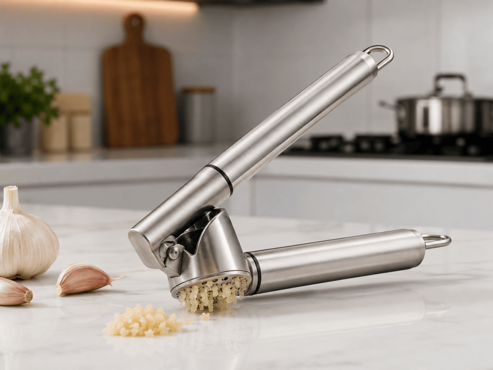 stainless steel garlic press in modern kitchen