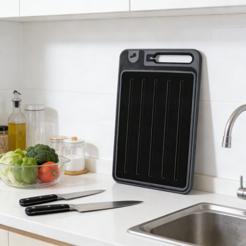 A black cutting board with vertical grooves and a built-in handle is propped against a white tiled kitchen wall, placed on a light-colored countertop alongside chef's knives, fresh vegetables in a glass bowl, and kitchen storage containers.