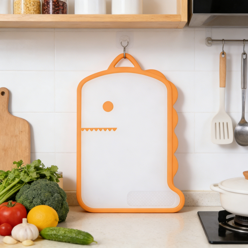 Cute dinosaur-shaped kitchen cutting board with orange trim and white surface, hung on a kitchen wall hook, showcasing its playful design and convenient storage in a modern kitchen setting.