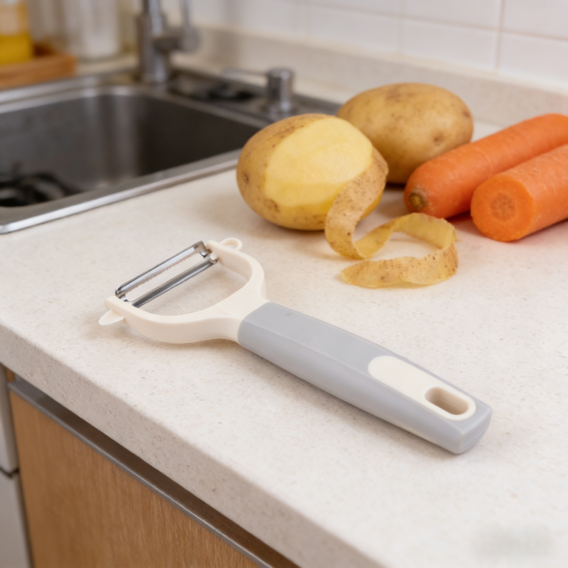 White and gray vegetable peeler with stainless steel blade, placed on a light-colored kitchen countertop alongside a partially peeled potato, carrots, and potato peels, with a sink in the background.