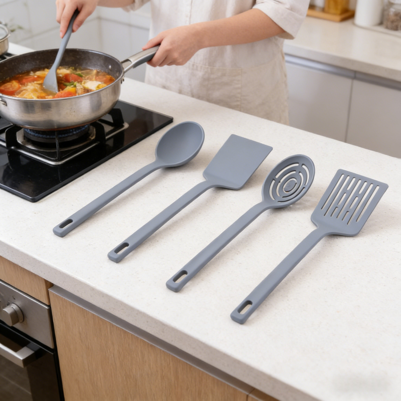 Set of 5 matte gray silicone kitchen utensils (soup ladle, solid turner, slotted skimmer, slotted turner) displayed on a light kitchen countertop, with a person cooking soup in a pan on the gas stove in the background.
