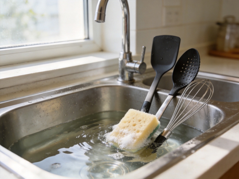 Modern kitchen tools being cleaned in a sink with warm water and sponge